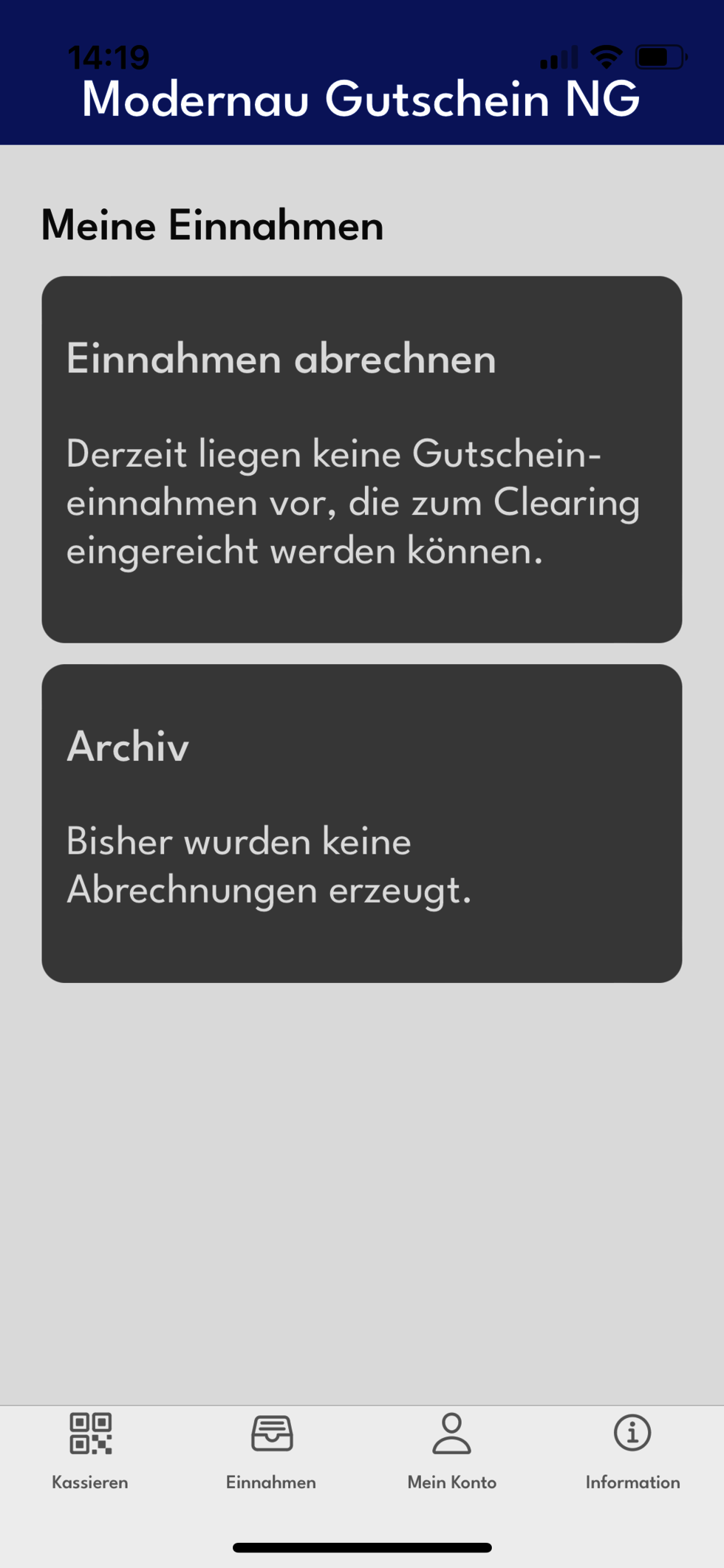 Mit einem Klick auf das Symbol "Einnahmen" in der Fußzeile sehen Sie alle bisherigen Gutschein einnahmen. Mit einem Klick auf das Symbol "Einnahmen" in der Fußzeile sehen Sie alle bisherigen Gutschein einnahmen.